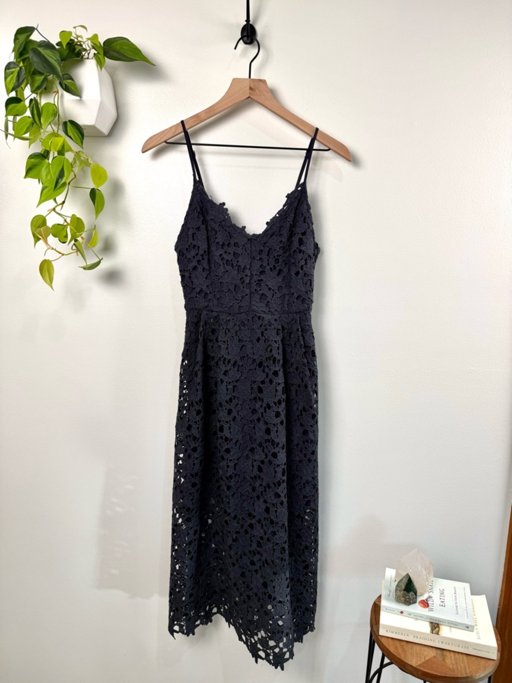 ASTR The Label Lace Midi Dress Charcoal Gray Spaghetti Strap Fit & Flare Women M